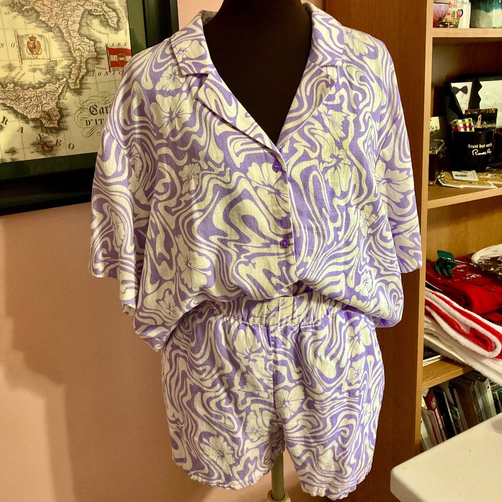 H&M Purple Wave Print Linen Set Size L (Never Worn)